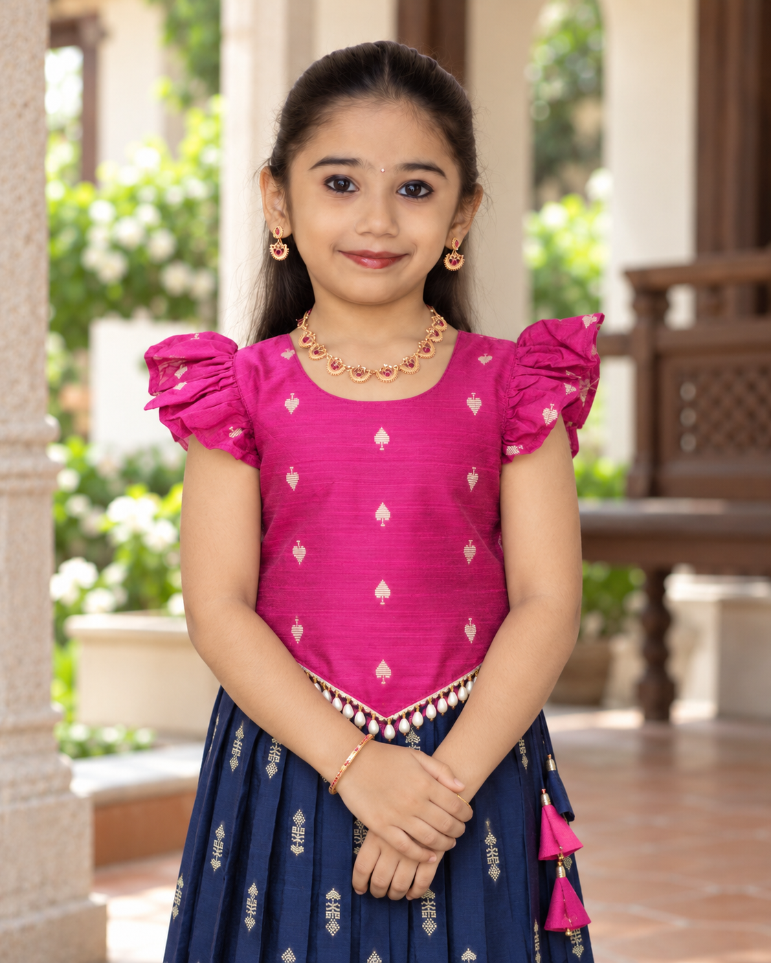 Crop Top & Skirt - Vihana - Bright Pink & Navy Blue