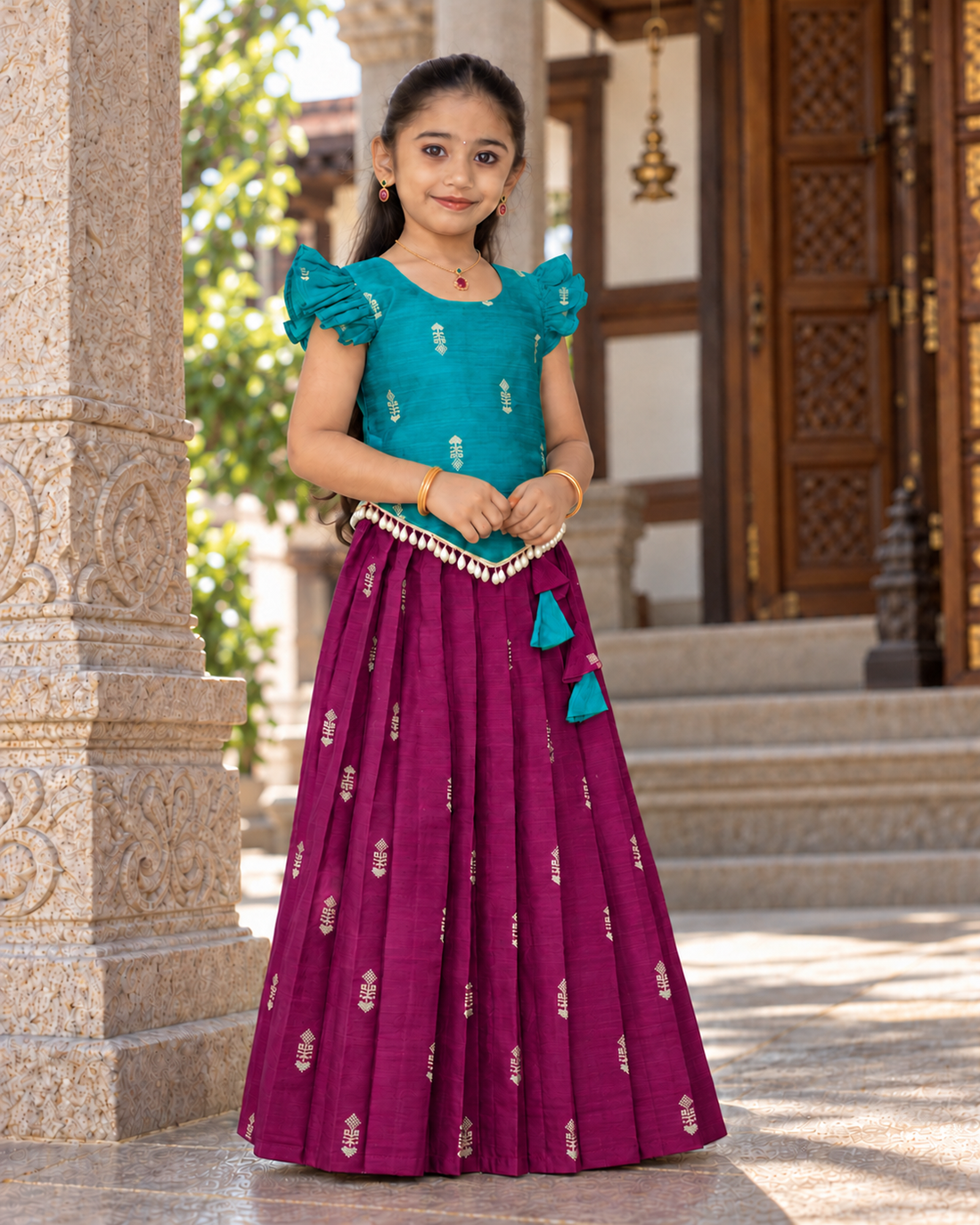 Crop Top & Skirt - Vihana - Turquoise Blue & Deep Magenta