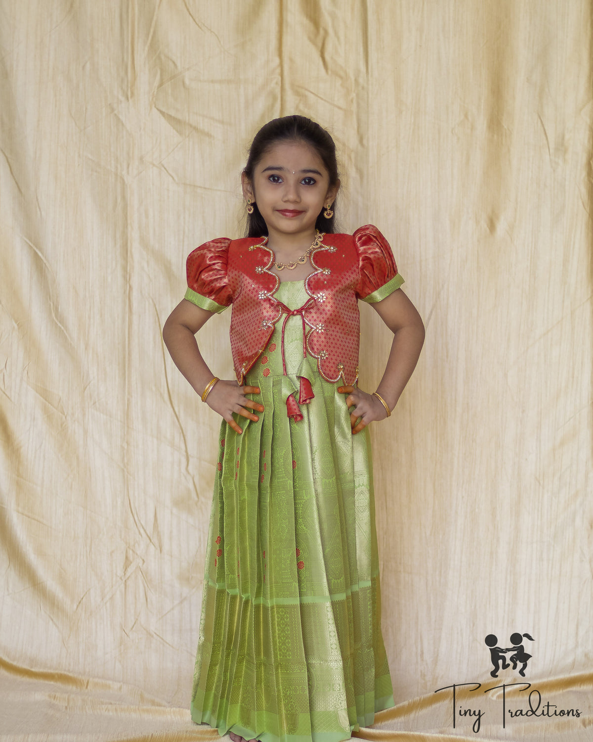 Frock - Sara - Pistachio Green and Coral Red