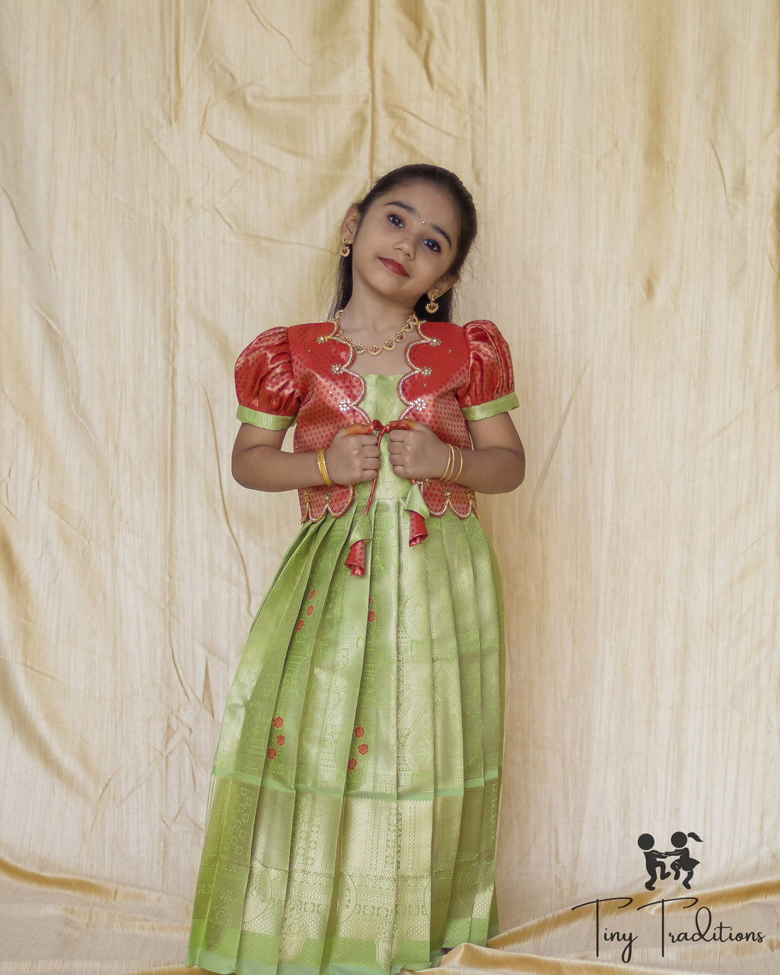 Frock - Sara - Pistachio Green and Coral Red