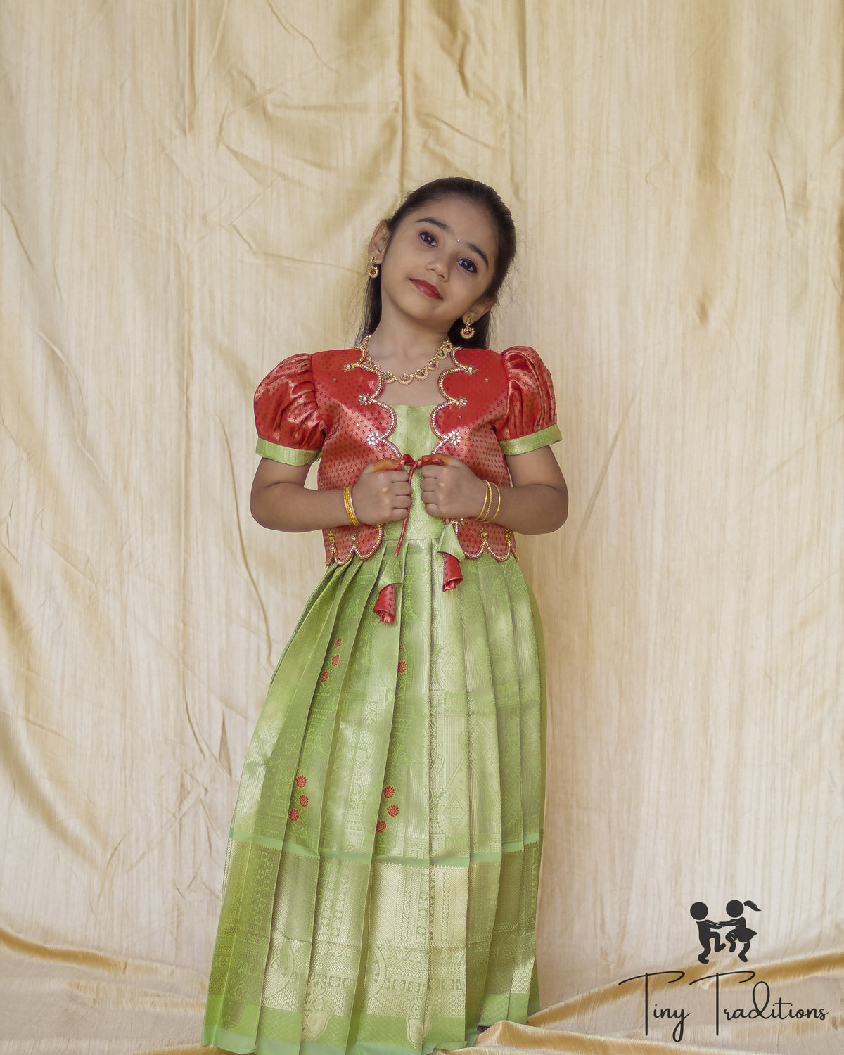 Frock - Sara - Pistachio Green and Coral Red
