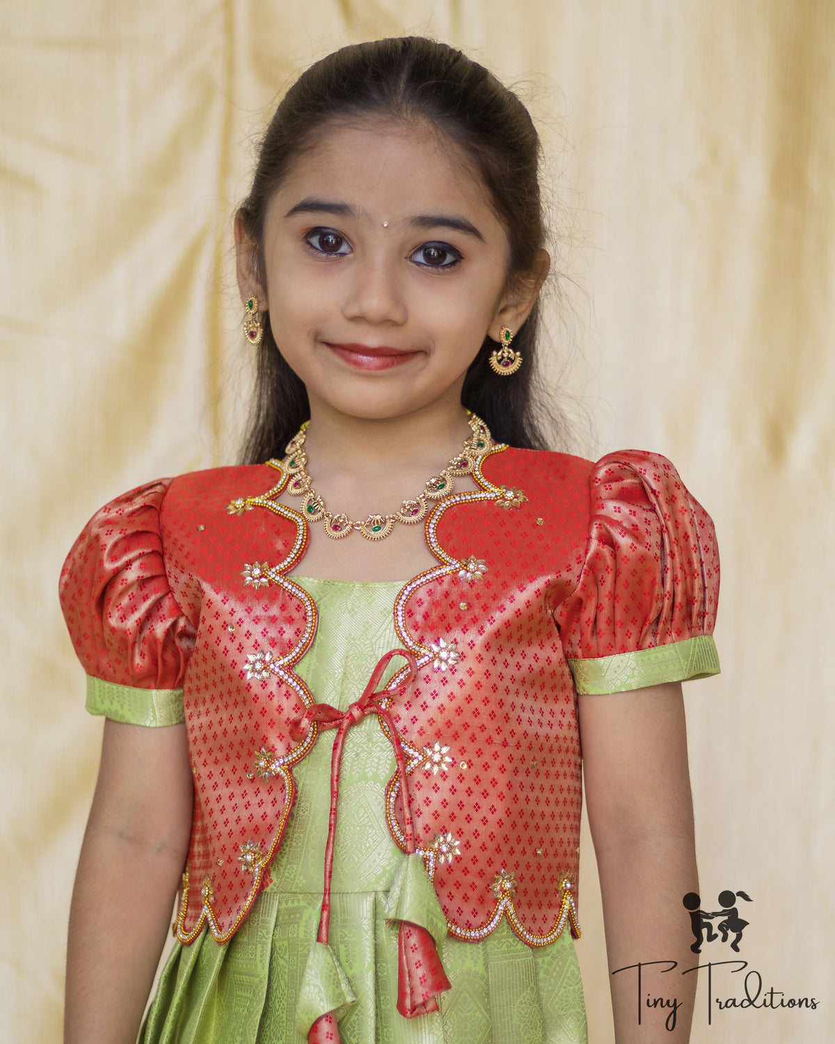 Frock - Sara - Pistachio Green and Coral Red