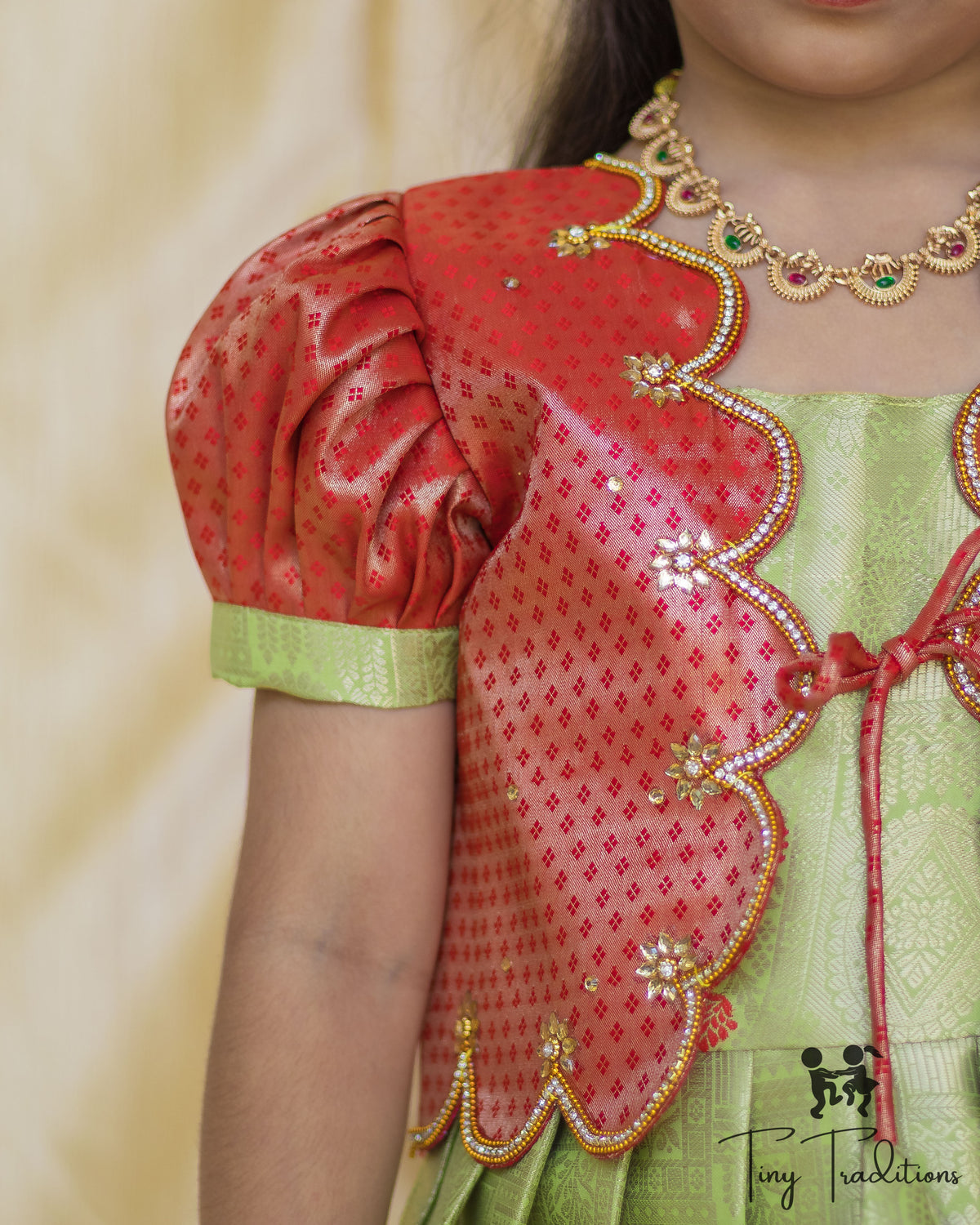 Frock - Sara - Pistachio Green and Coral Red