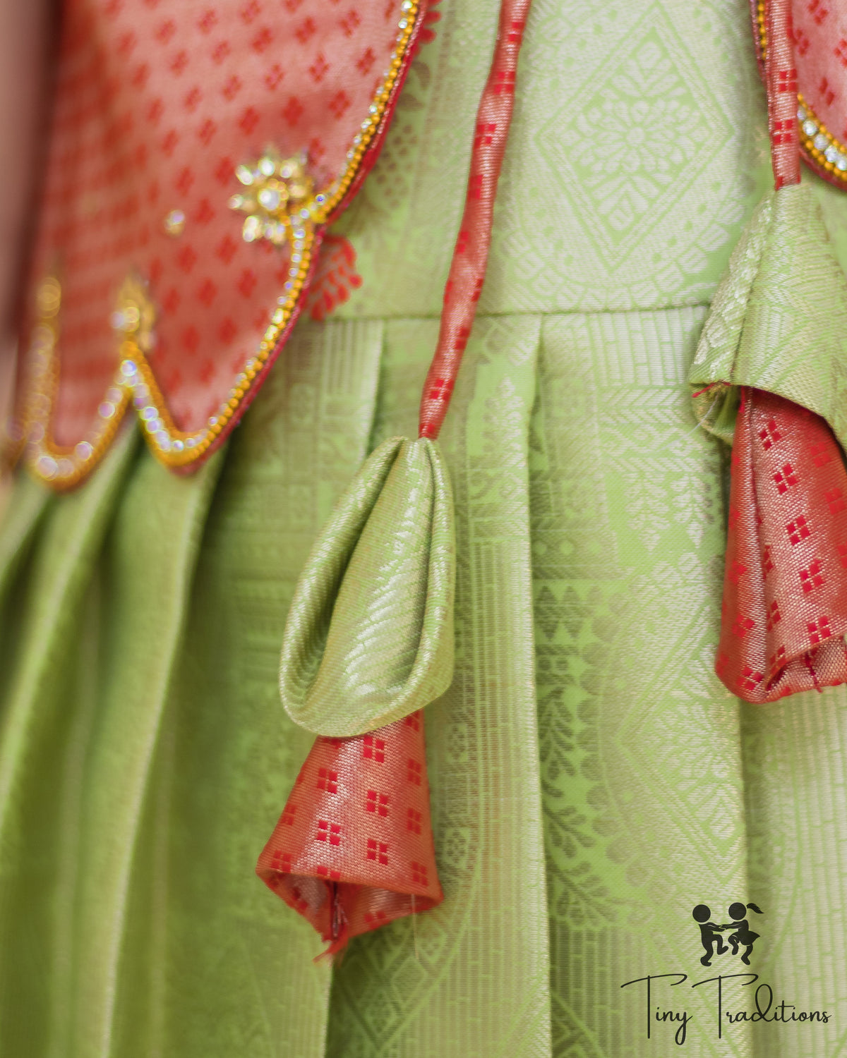 Frock - Sara - Pistachio Green and Coral Red