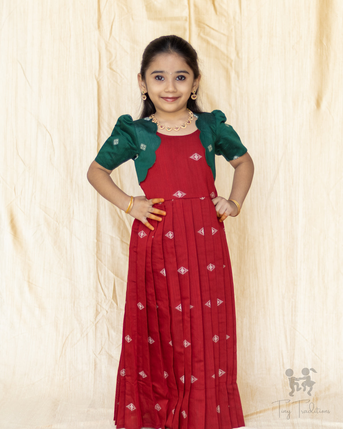Frock - Aditi - Deep Red & Bottle Green