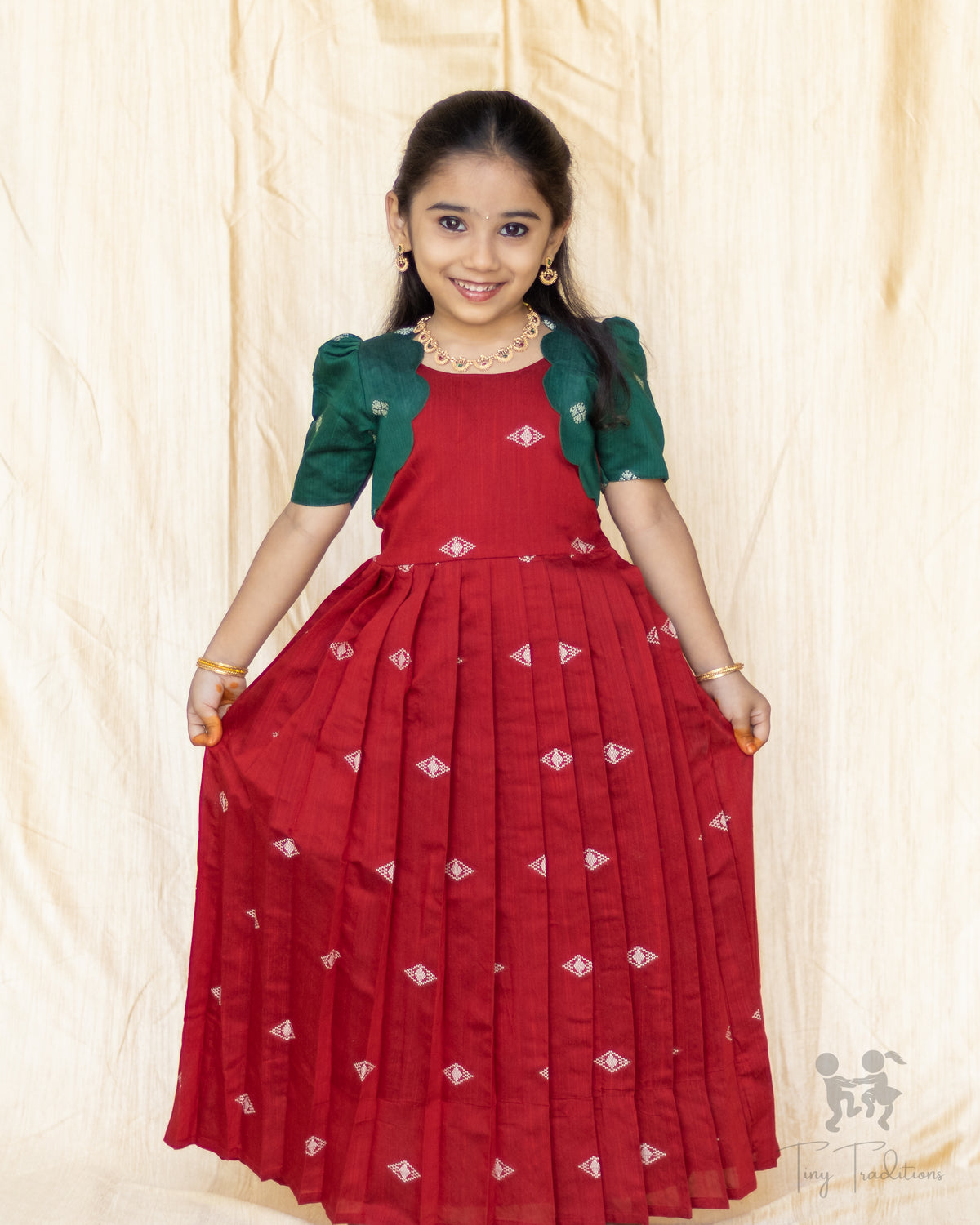 Frock - Aditi - Deep Red & Bottle Green