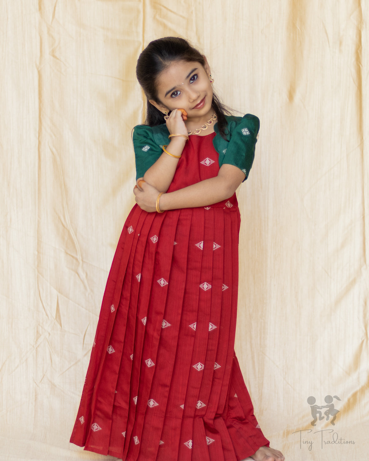 Frock - Aditi - Deep Red & Bottle Green