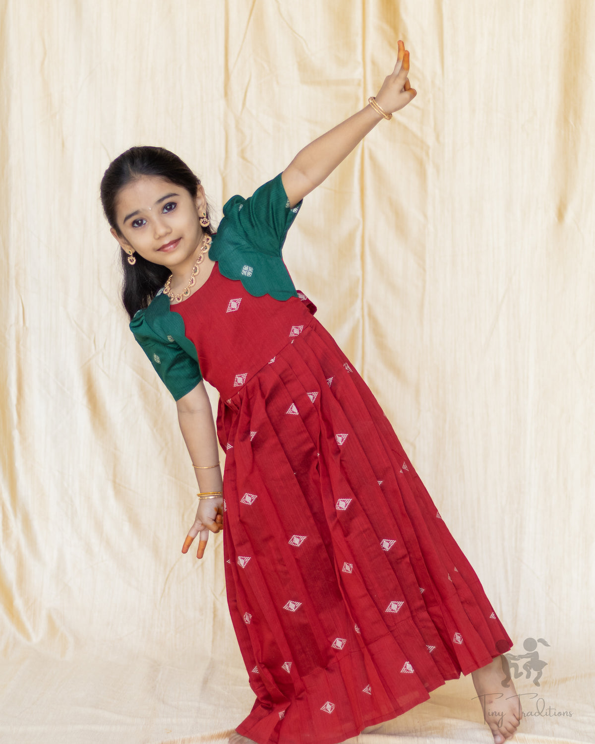 Frock - Aditi - Deep Red & Bottle Green