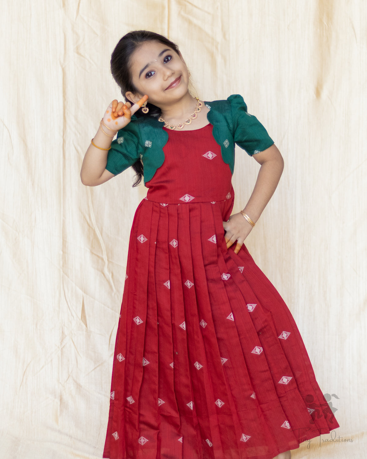 Frock - Aditi - Deep Red & Bottle Green
