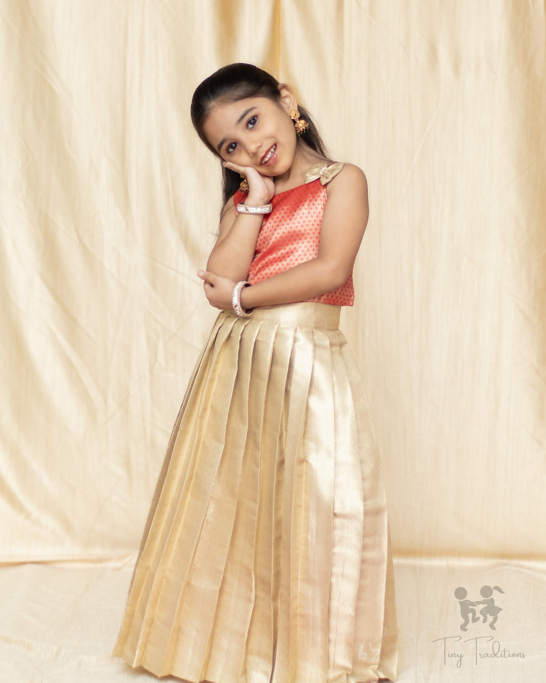 Crop Top & Skirt - Diya - Coral Pink & Champagne Gold
