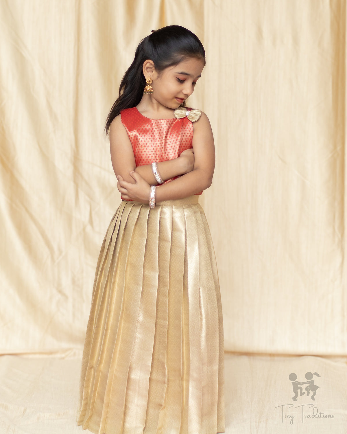 Crop Top & Skirt - Diya - Coral Pink & Champagne Gold
