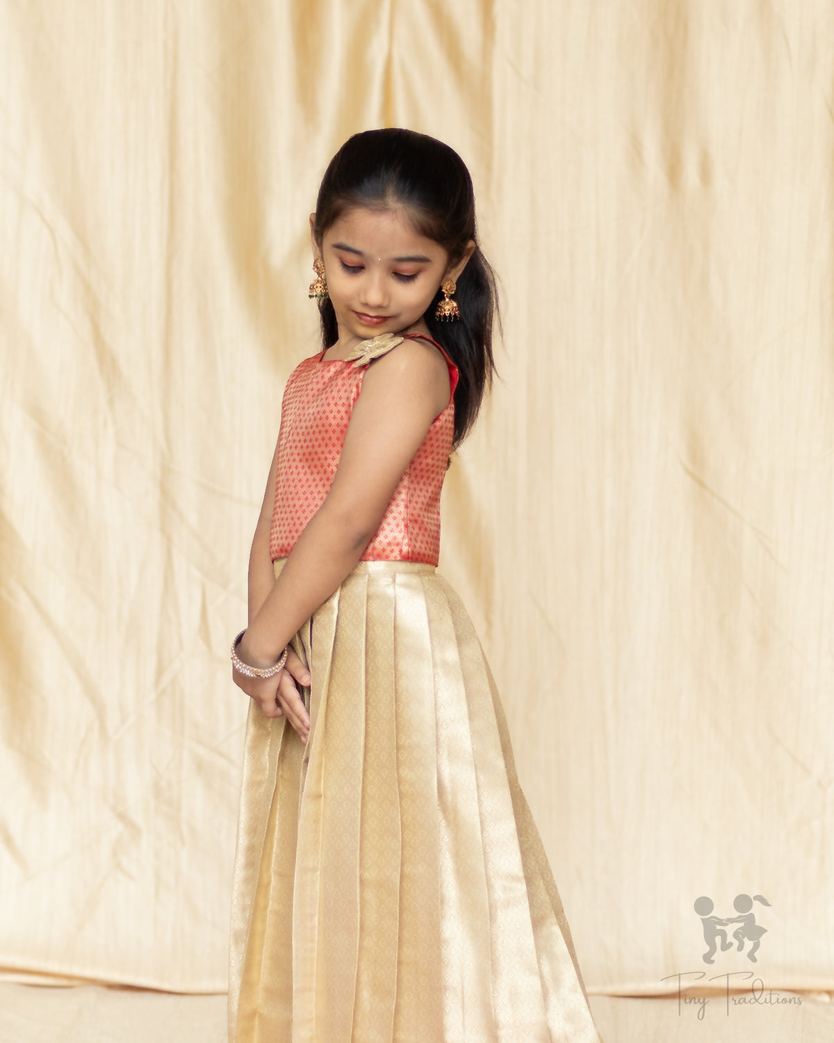 Crop Top & Skirt - Diya - Coral Pink & Champagne Gold