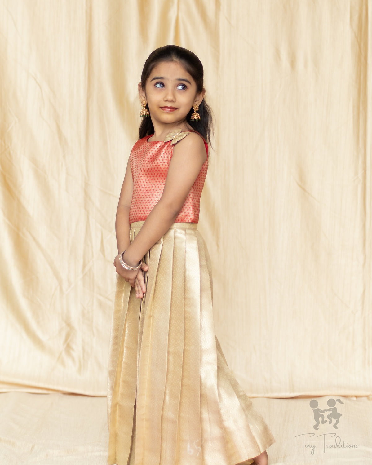 Crop Top & Skirt - Diya - Coral Pink & Champagne Gold