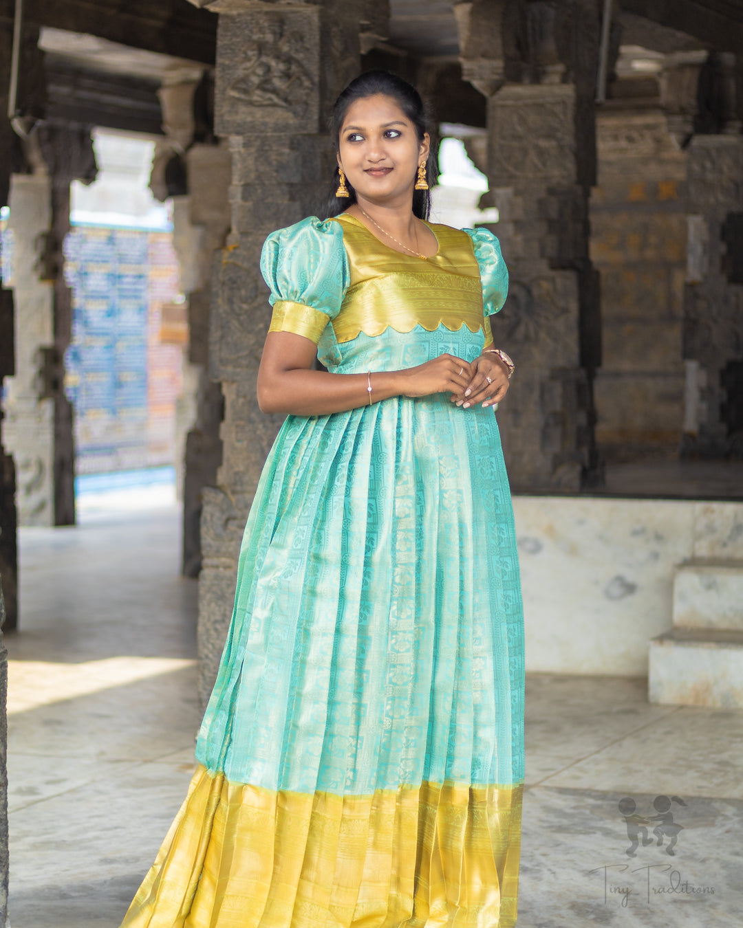 Long Gown - Raha - Mustard Yellow & Turquoise Blue