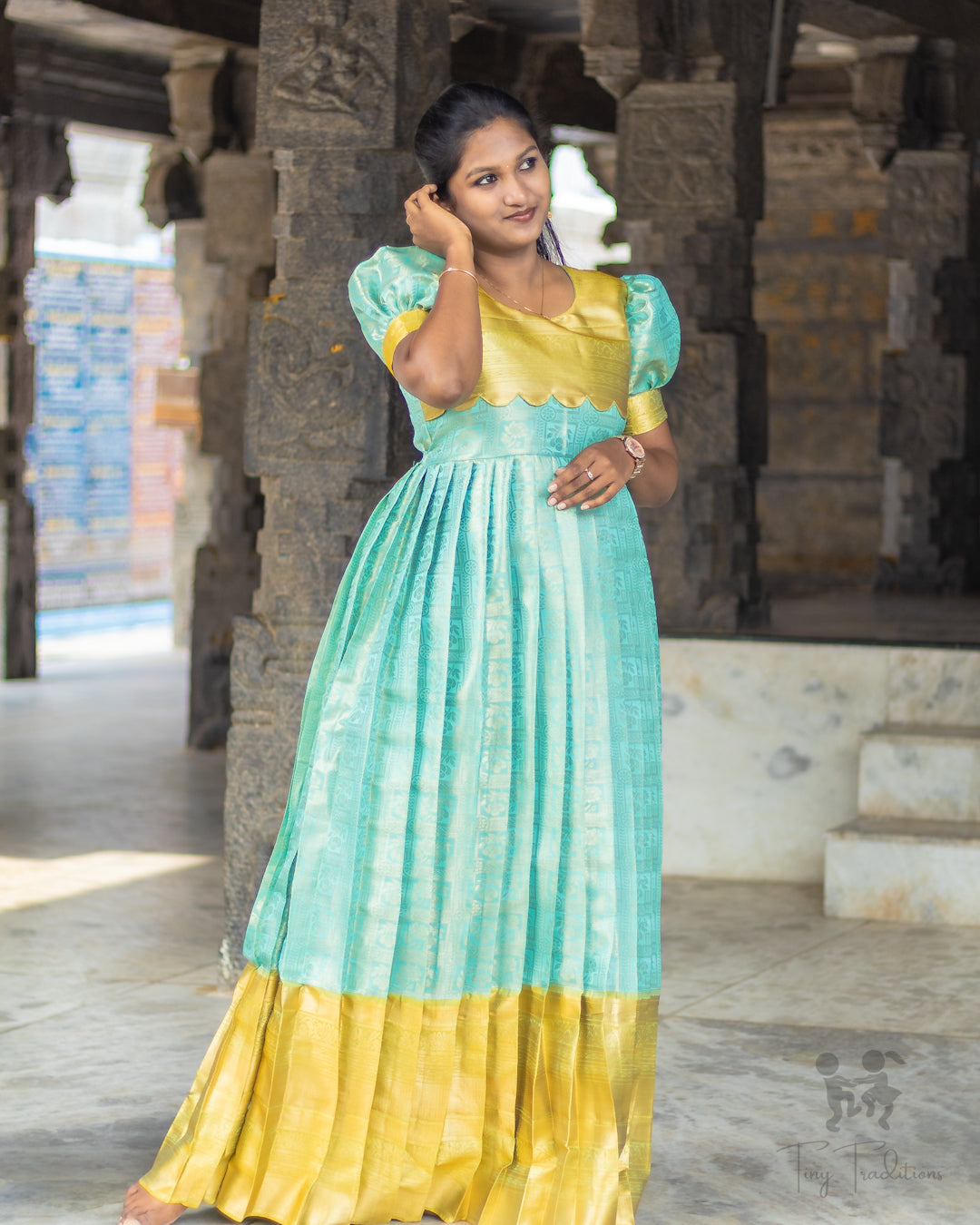 Long Gown - Raha - Mustard Yellow & Turquoise Blue