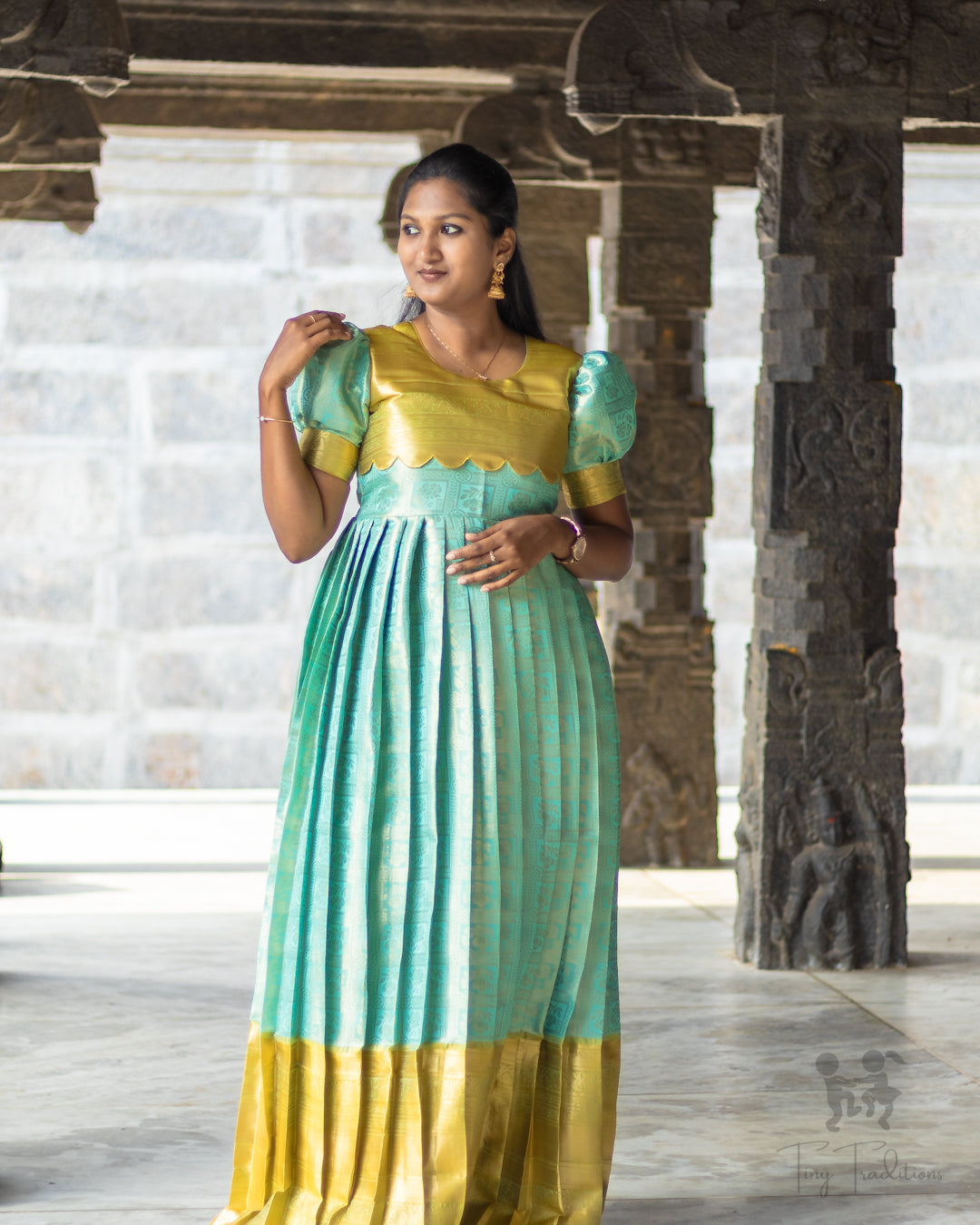 Long Gown - Raha - Mustard Yellow & Turquoise Blue