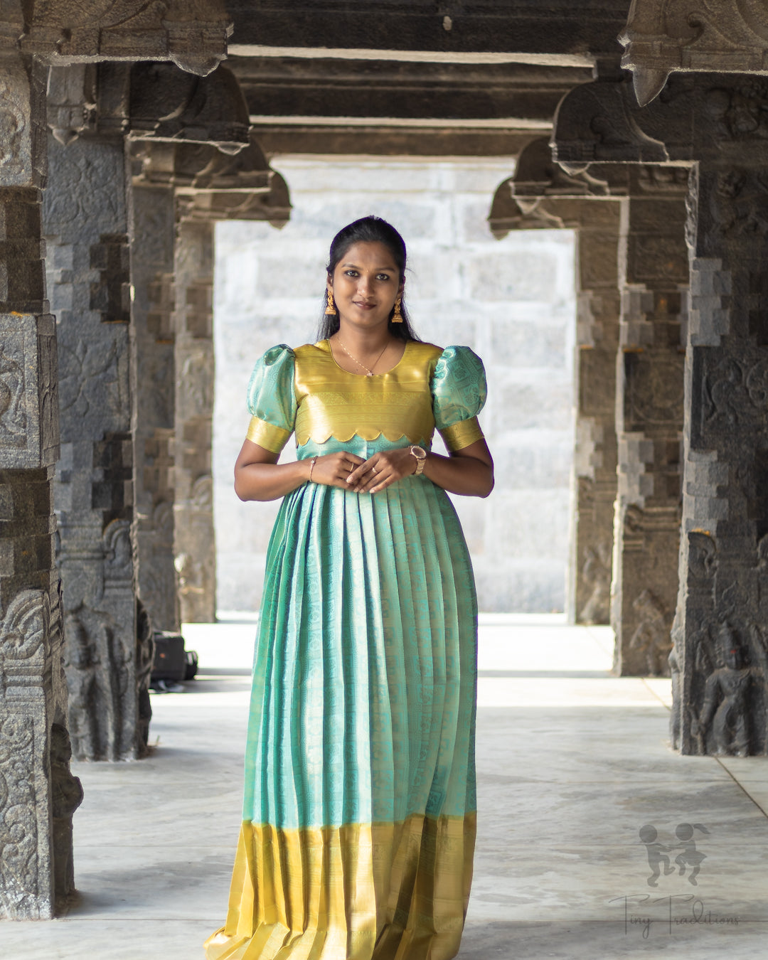 Long Gown - Raha - Mustard Yellow & Turquoise Blue