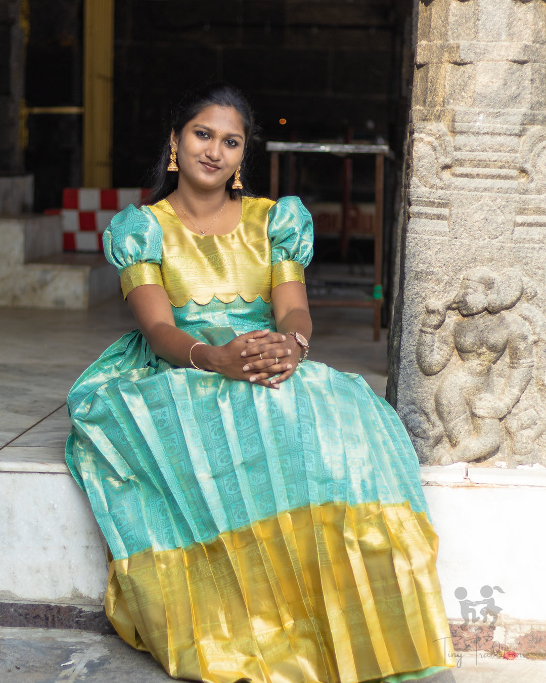 Long Gown - Raha - Mustard Yellow & Turquoise Blue