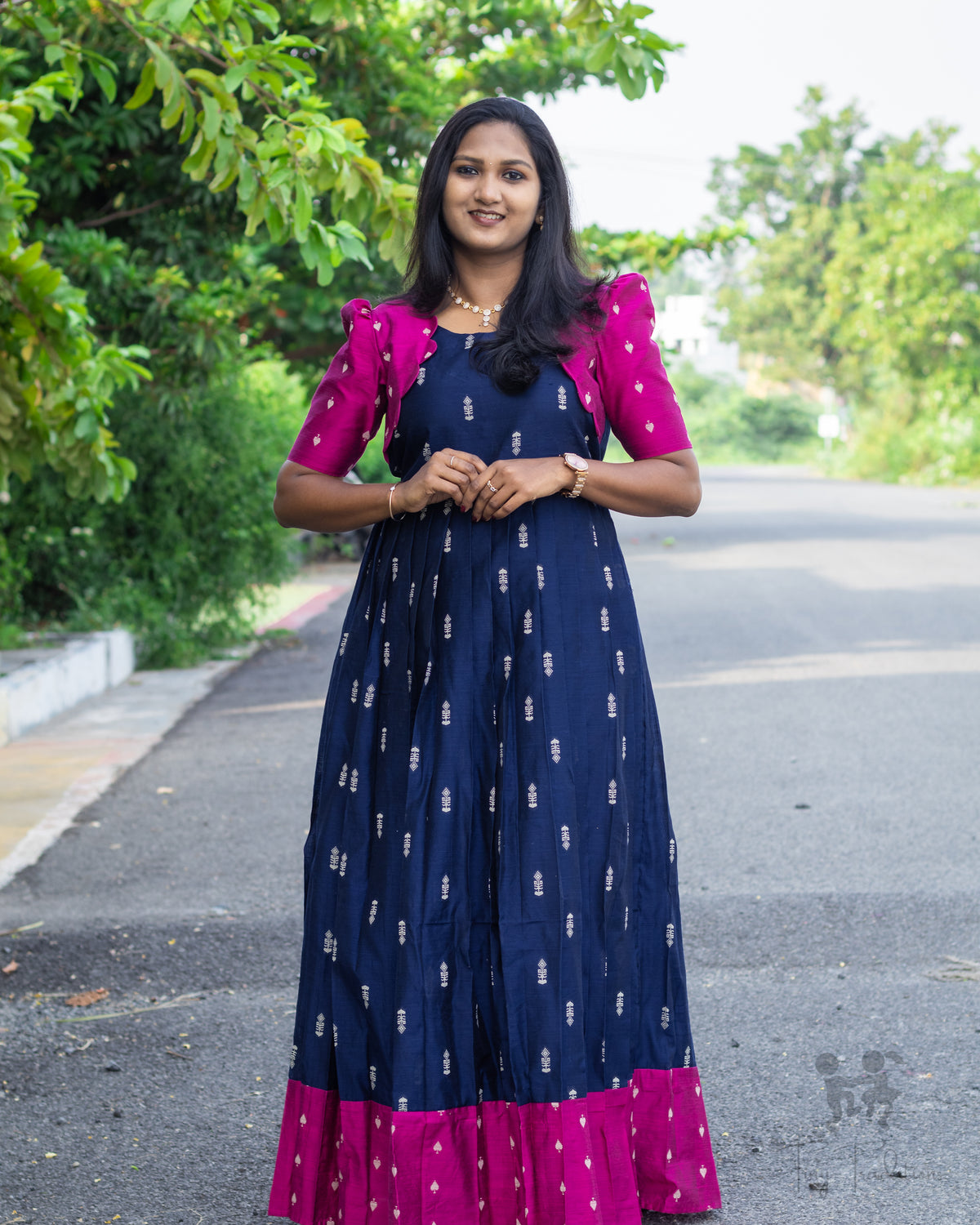 Long Gown - Aditi - Navy Blue & Pink