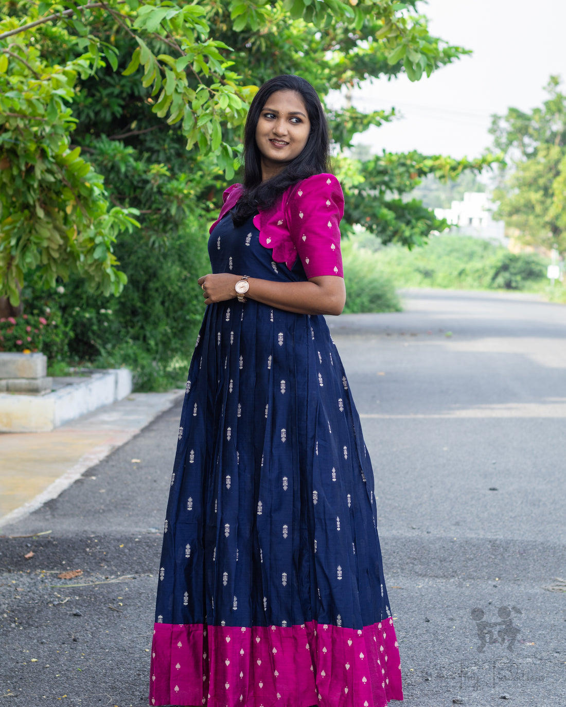 Long Gown - Aditi - Navy Blue & Pink