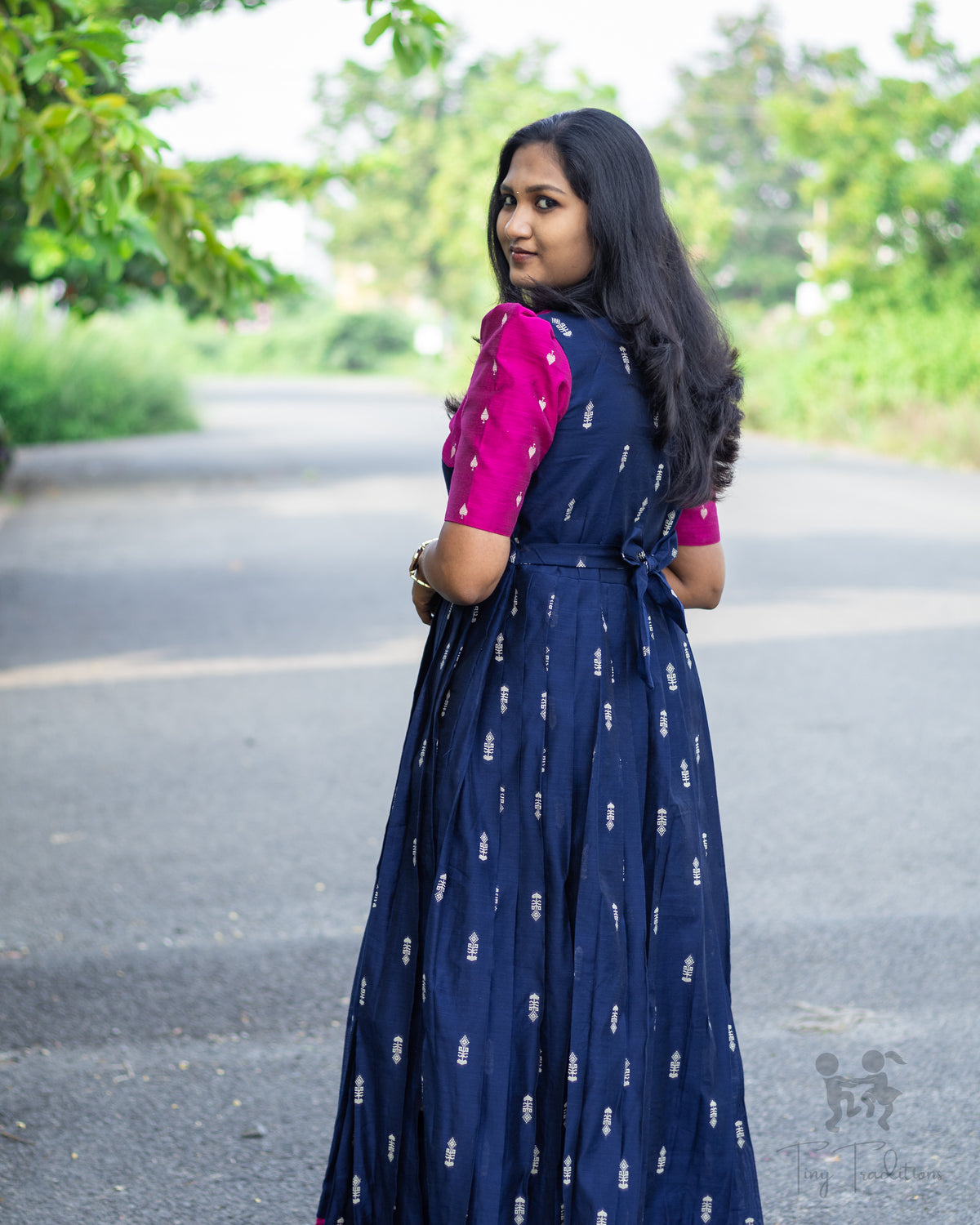 Long Gown - Aditi - Navy Blue & Pink
