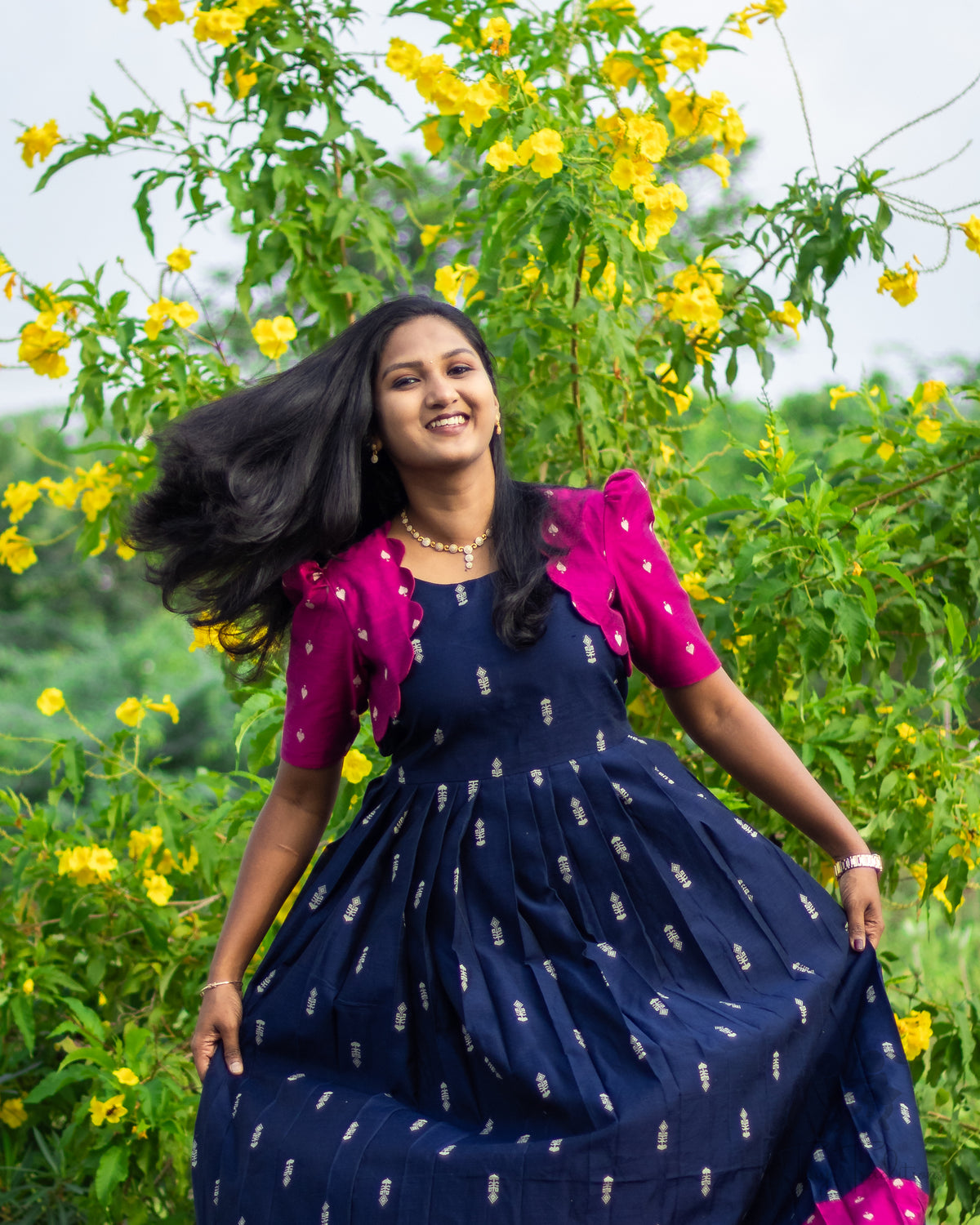 Long Gown - Aditi - Navy Blue & Pink