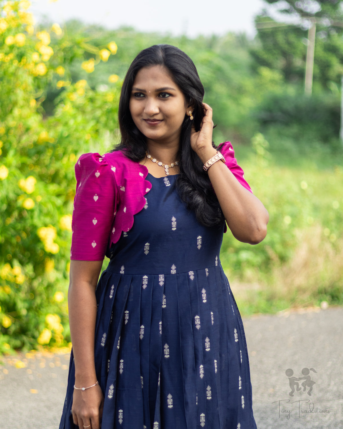 Long Gown - Aditi - Navy Blue & Pink