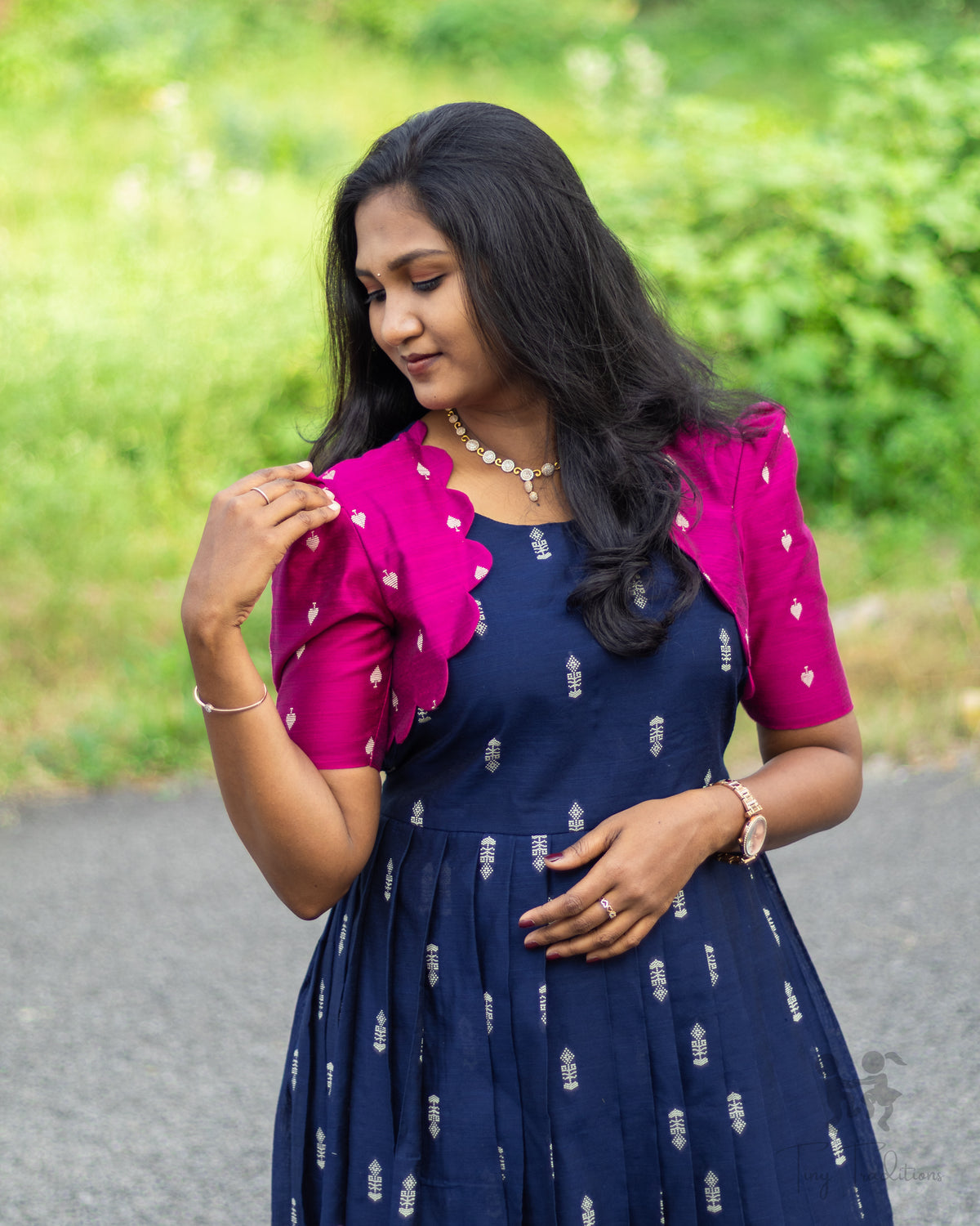 Long Gown - Aditi - Navy Blue & Pink
