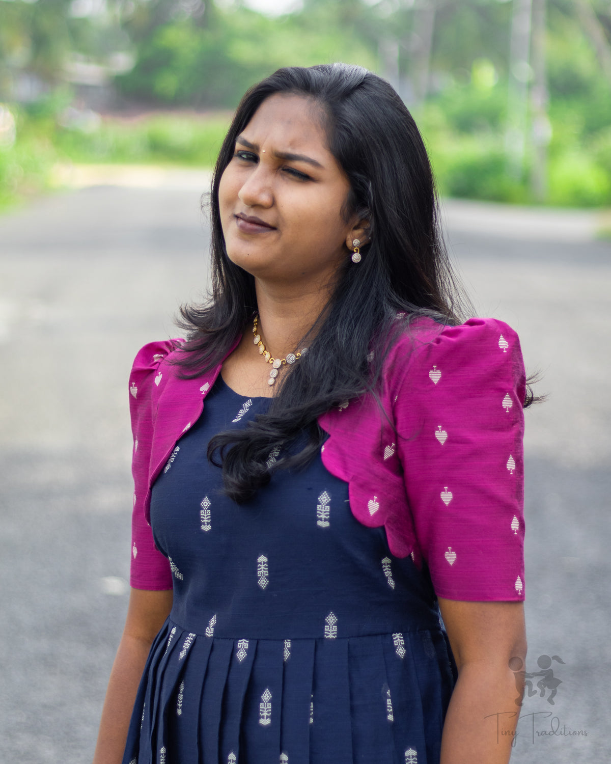 Long Gown - Aditi - Navy Blue & Pink