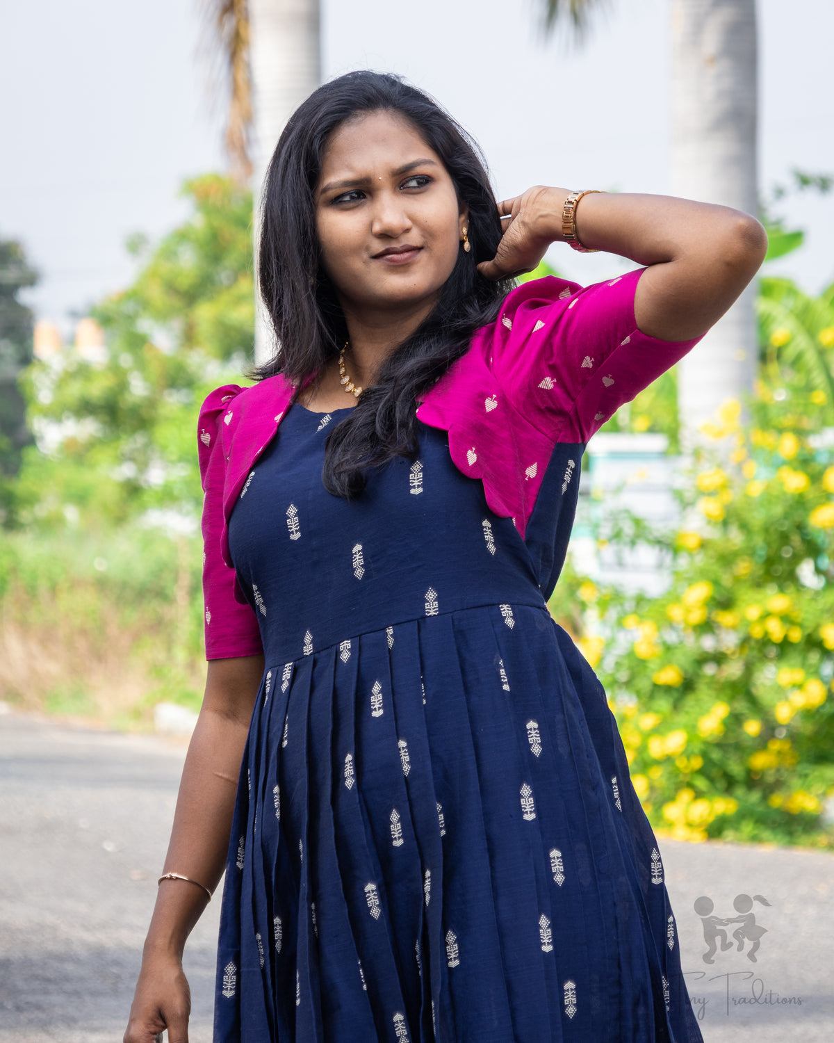 Long Gown - Aditi - Navy Blue & Pink