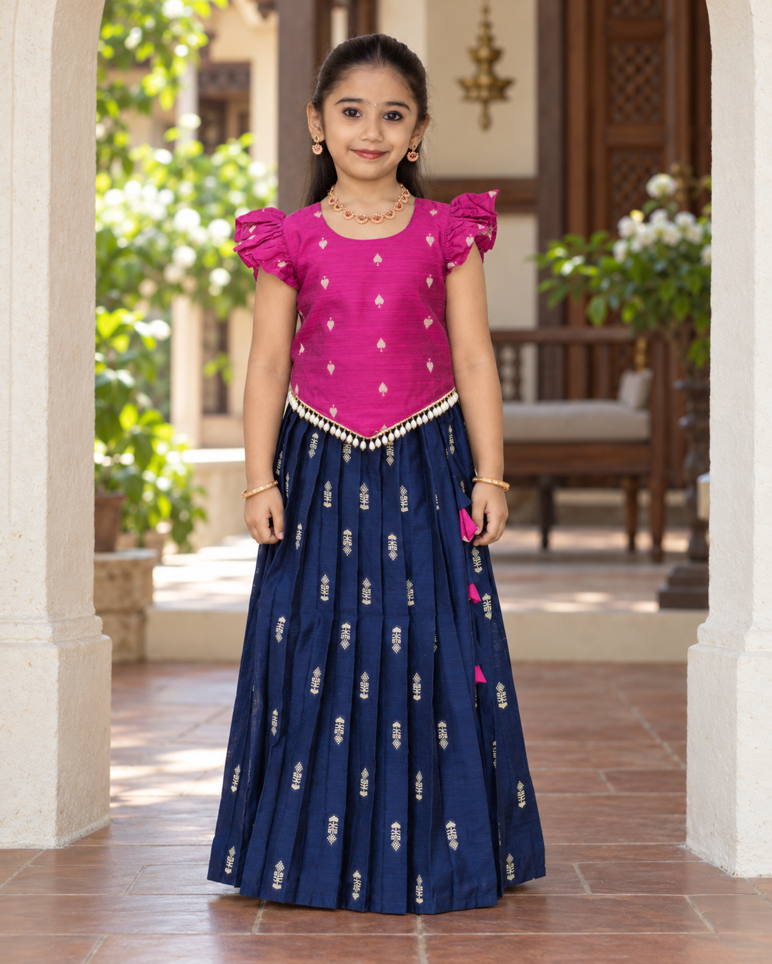 Crop Top & Skirt - Vihana - Bright Pink & Navy Blue