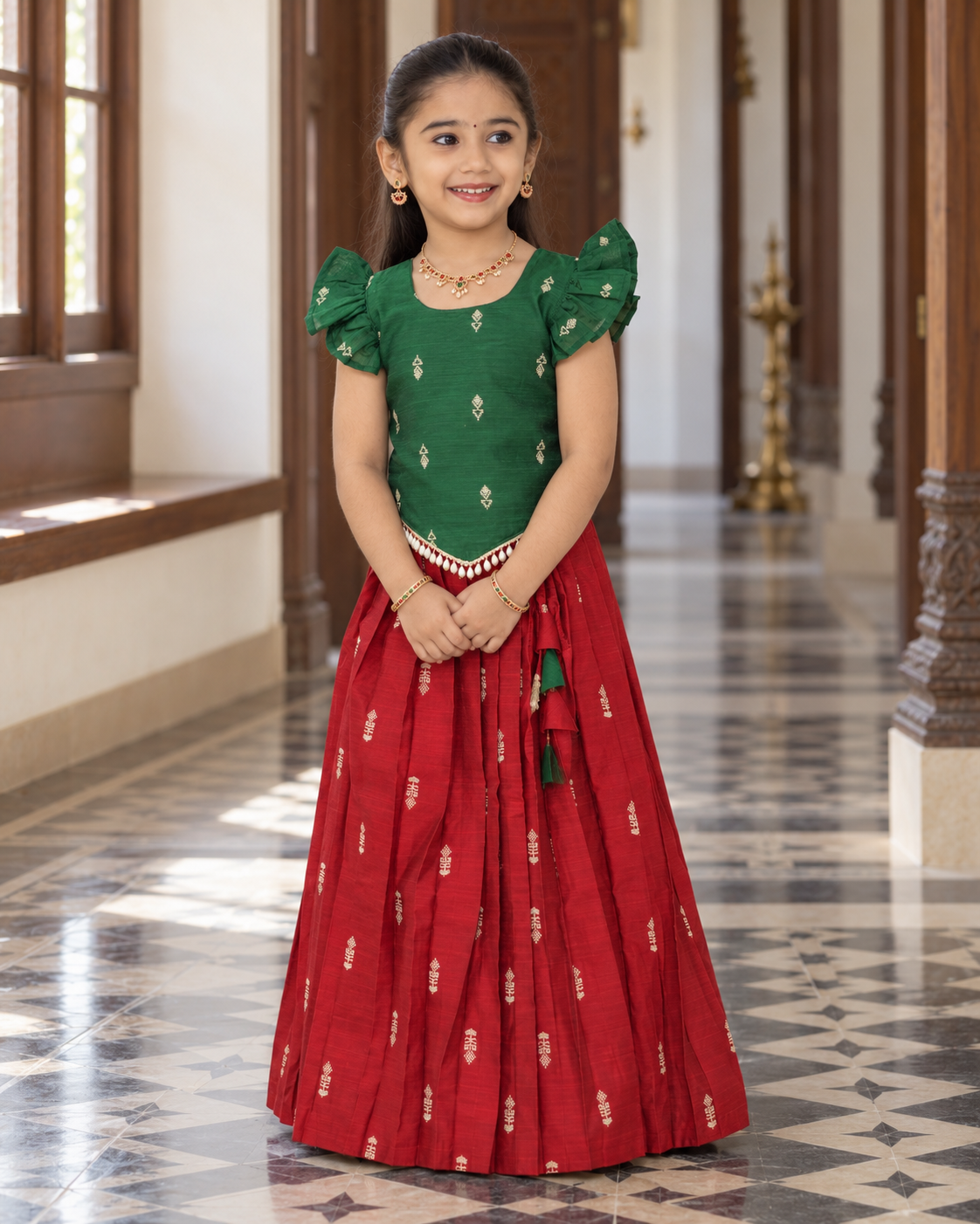 Crop Top & Skirt - Vihana - Bottle Green & Deep Red