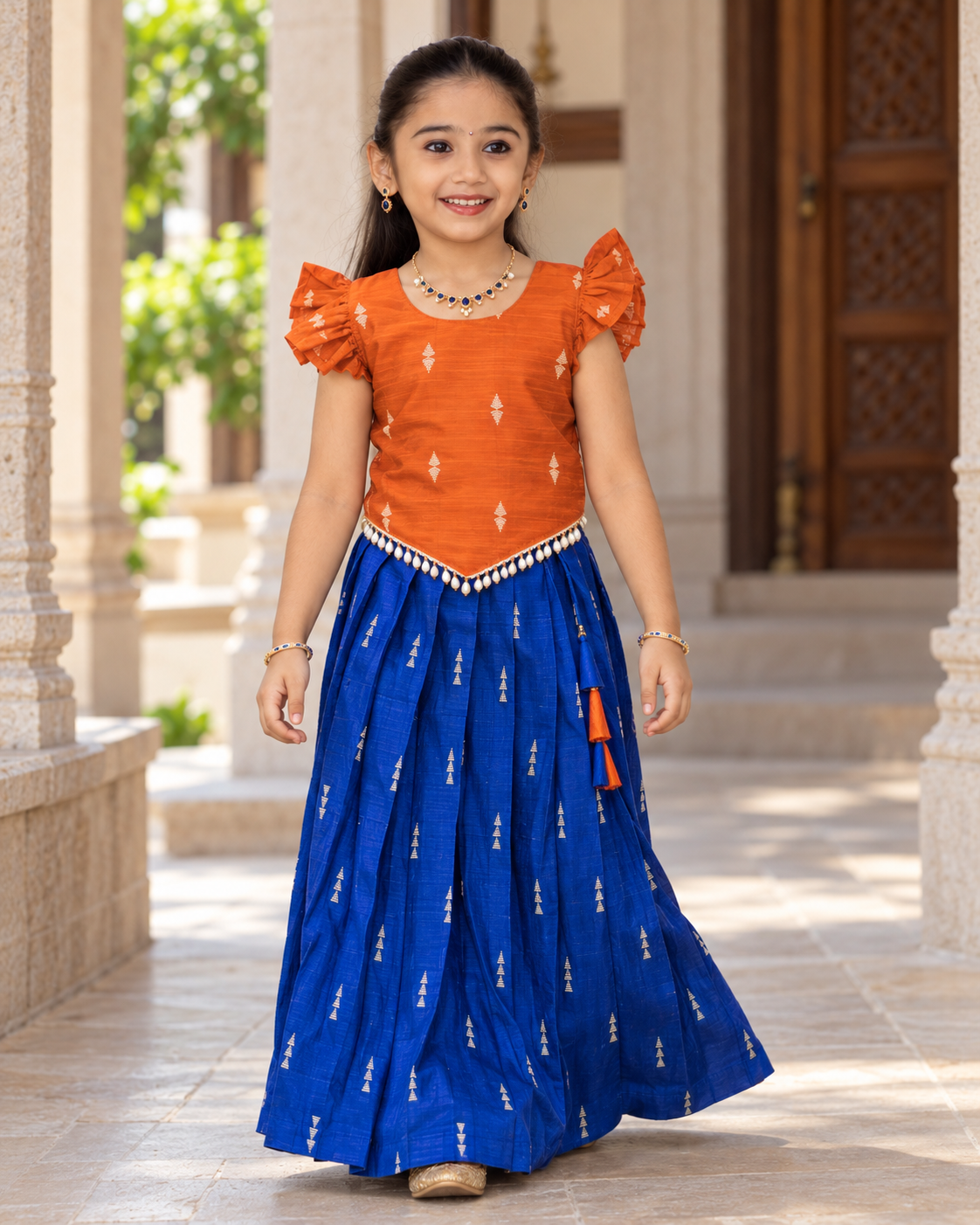 Crop Top & Skirt - Vihana - Vibrant Orange & Royal Blue