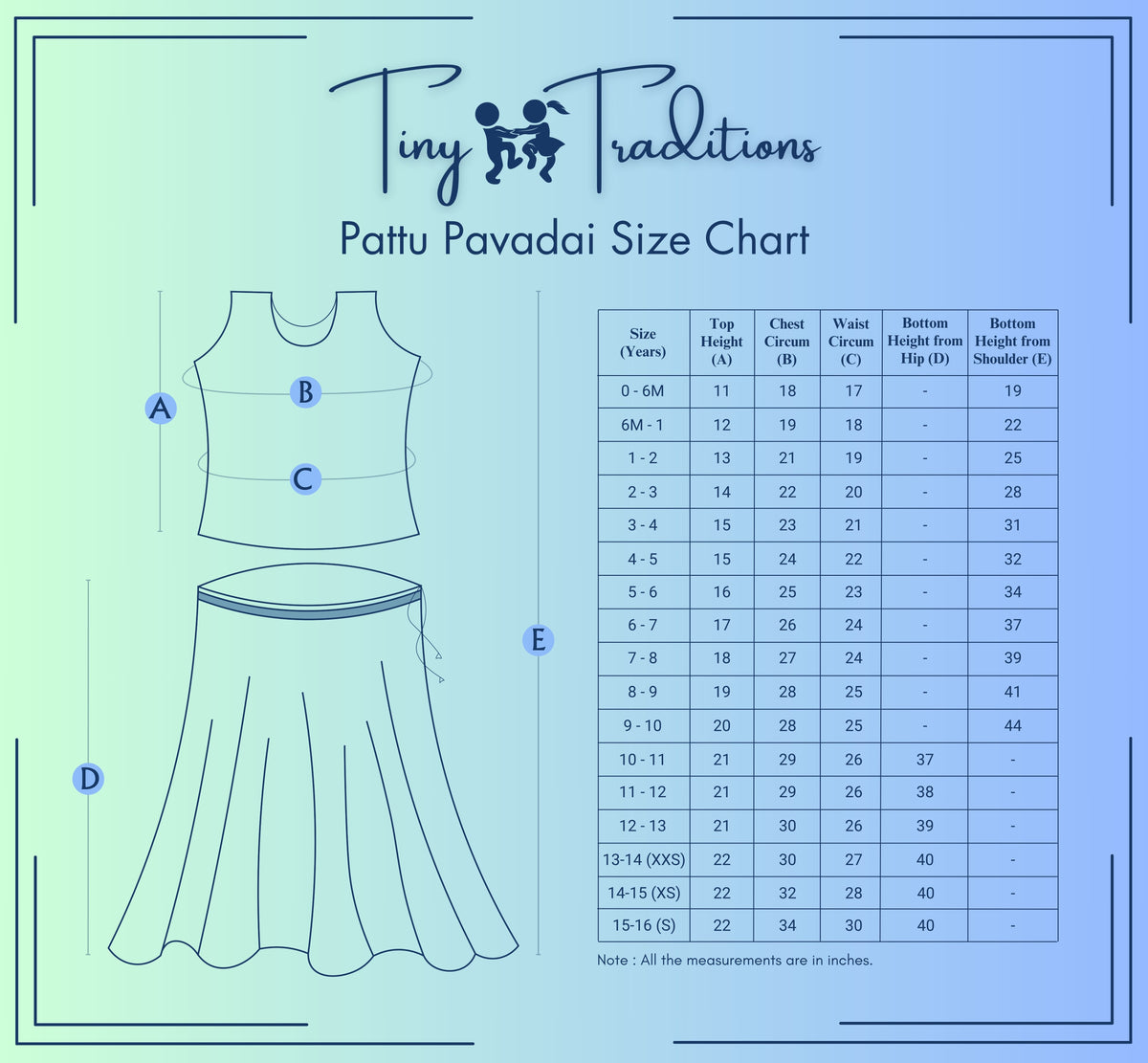 Pattu Pavadai - Thara - Emerald Green & Turquoise Blue Size Guide