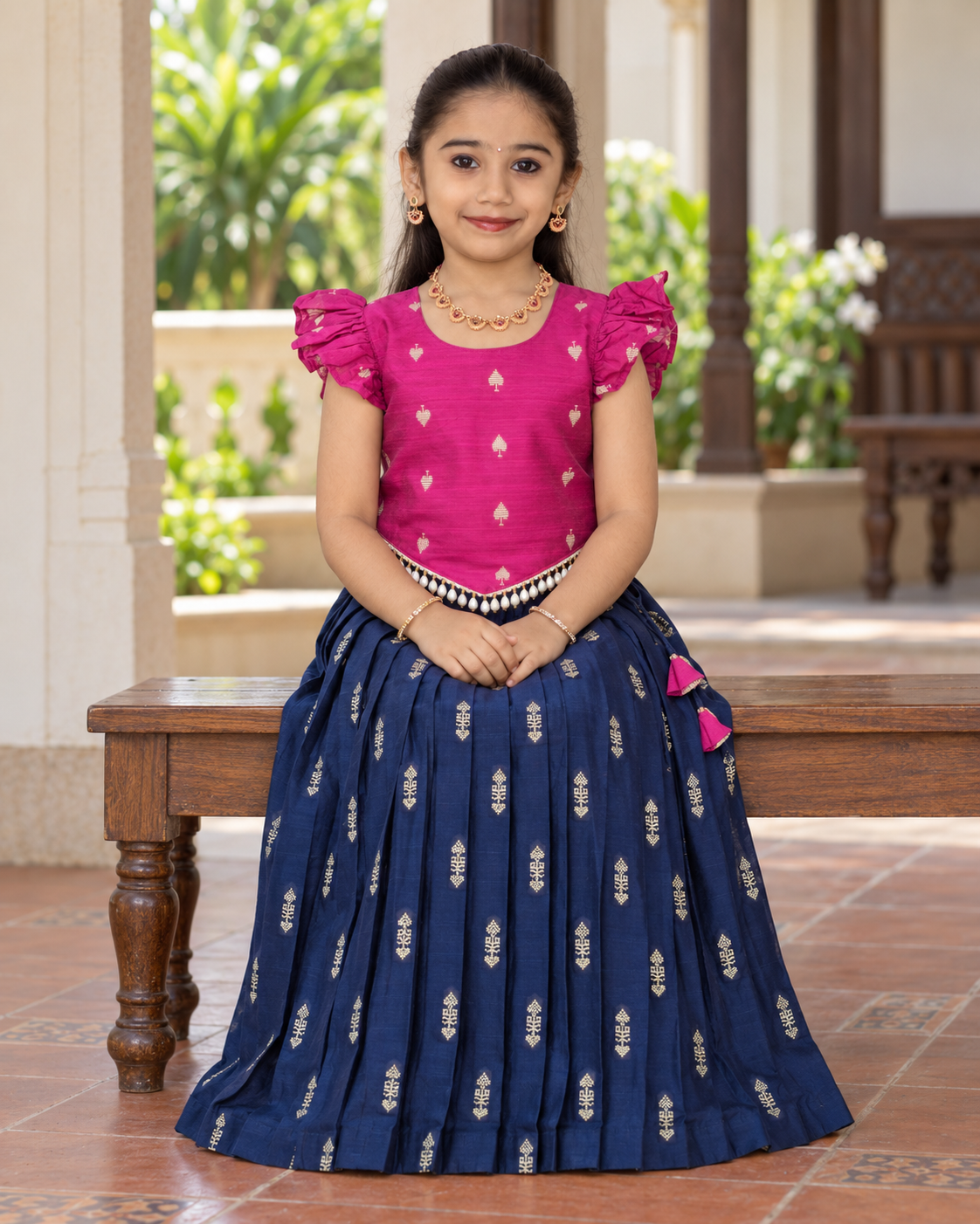 Crop Top & Skirt - Vihana - Bright Pink & Navy Blue