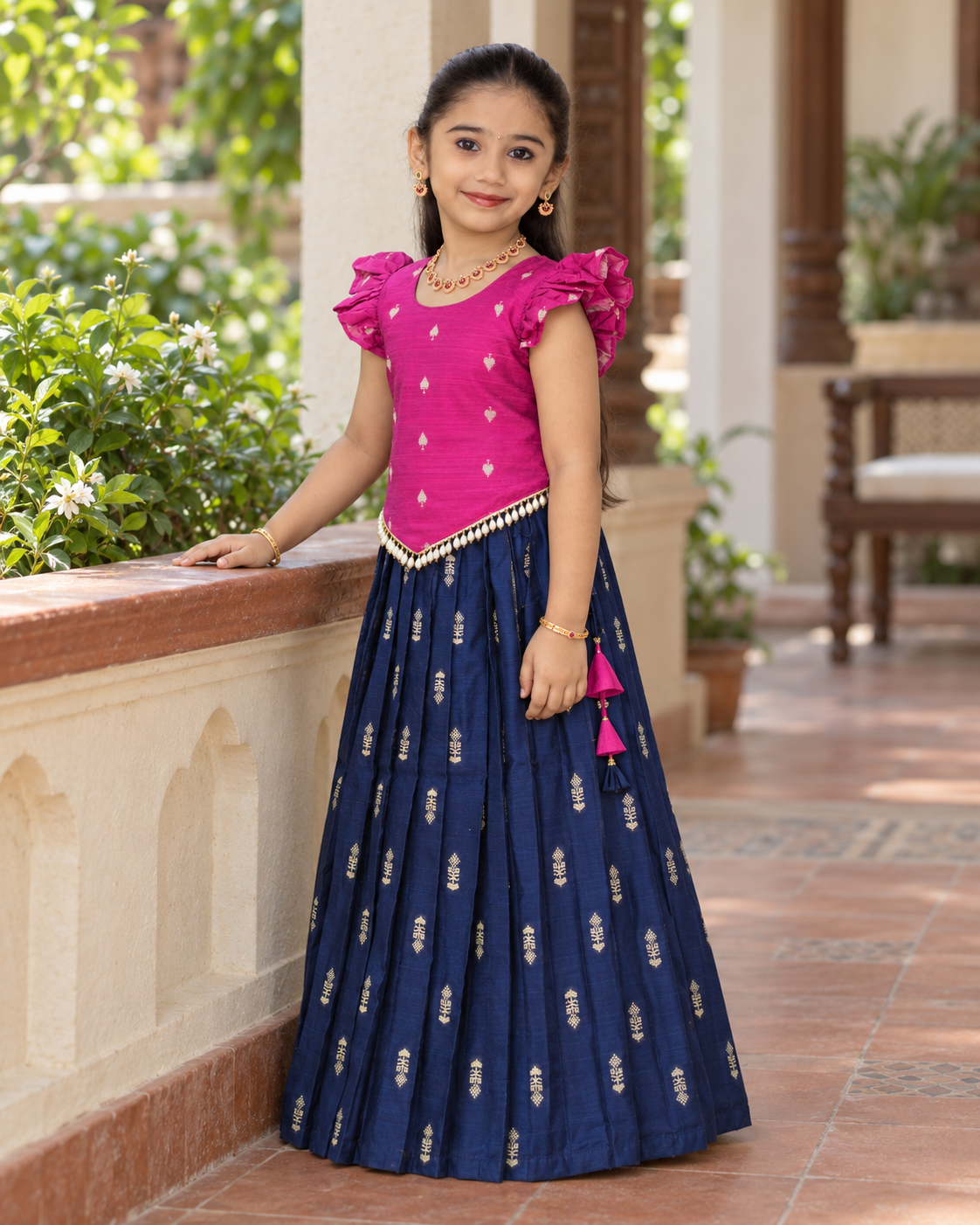 Crop Top & Skirt - Vihana - Bright Pink & Navy Blue