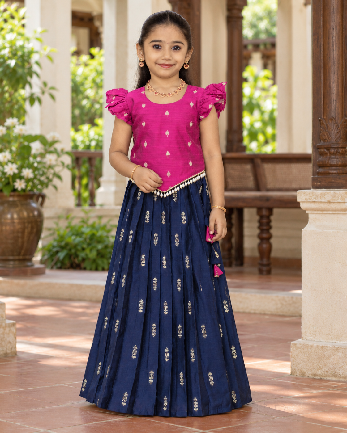 Crop Top & Skirt - Vihana - Bright Pink & Navy Blue