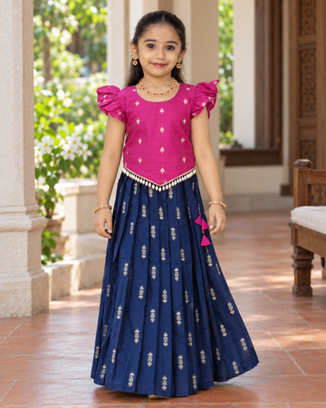 Crop Top & Skirt - Vihana - Bright Pink & Navy Blue