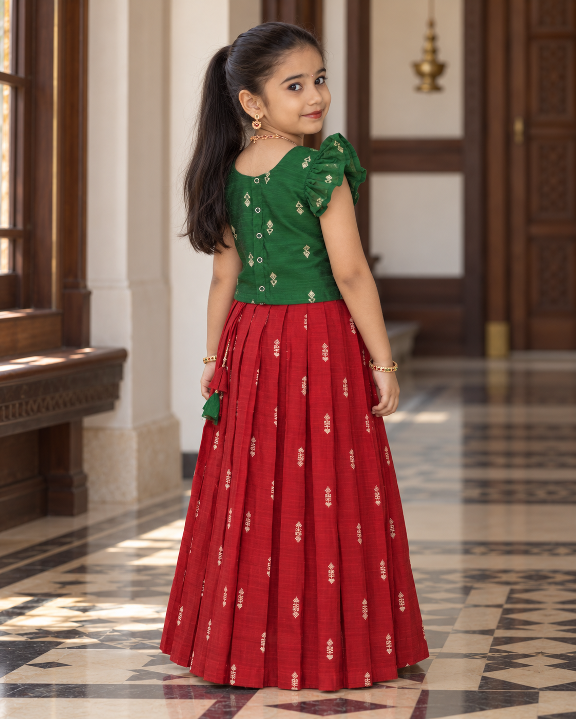 Crop Top & Skirt - Vihana - Bottle Green & Deep Red