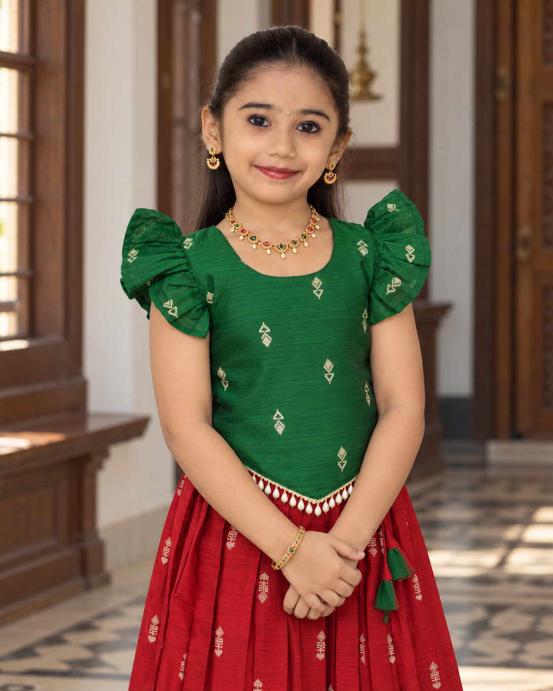 Crop Top & Skirt - Vihana - Bottle Green & Deep Red