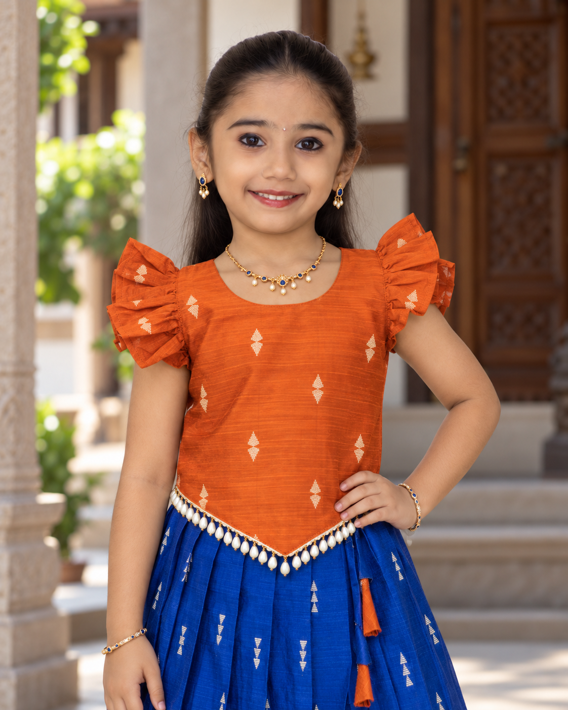Crop Top & Skirt - Vihana - Vibrant Orange & Royal Blue