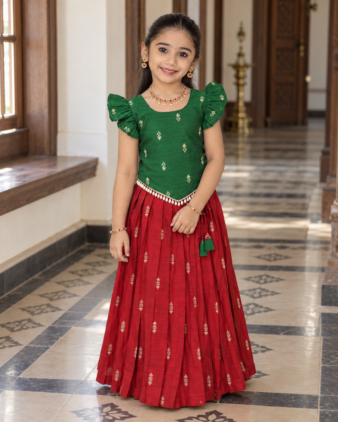 Crop Top & Skirt - Vihana - Bottle Green & Deep Red