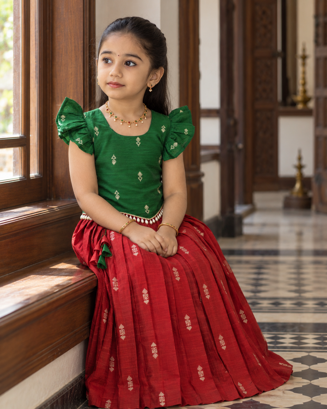 Crop Top & Skirt - Vihana - Bottle Green & Deep Red