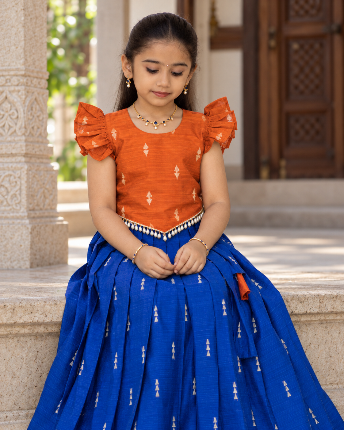 Crop Top & Skirt - Vihana - Vibrant Orange & Royal Blue