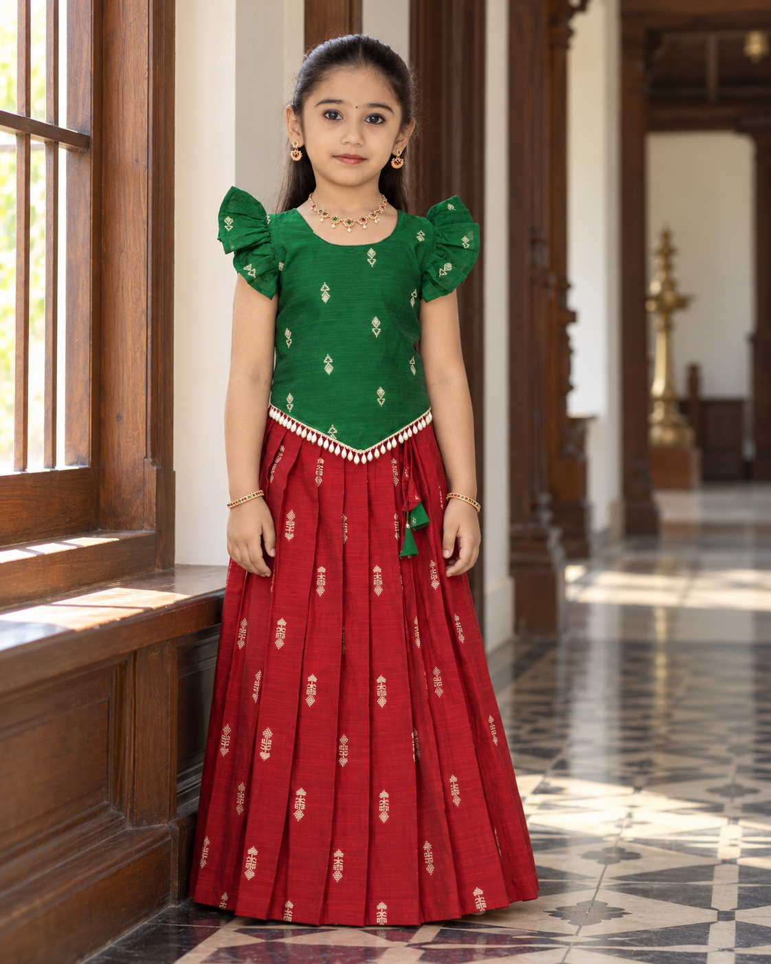 Crop Top & Skirt - Vihana - Bottle Green & Deep Red